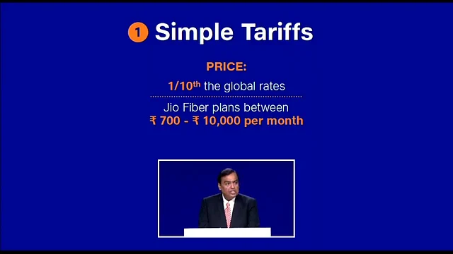 Mukesh Ambani, announcing Jio Fiber pricing in India.