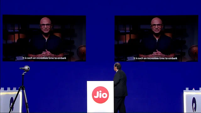 Microsoft CEO Satya Nadella addresses the Reliance AGM through a video conference.