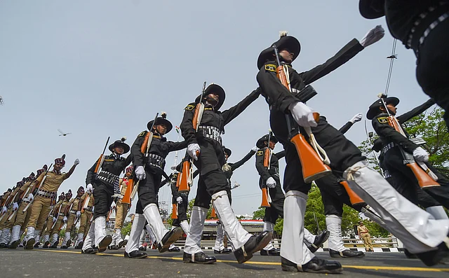 Marching contingents of armed police forces during the full dress rehearsal for the Independence Day parade at Fort St George in Chennai.