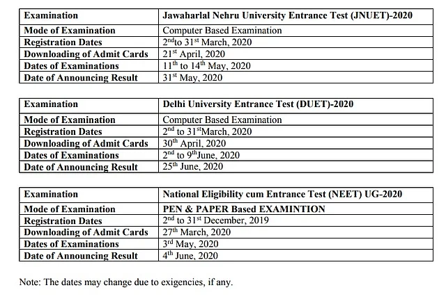 NTA examination dates for major centralised competitive examinations.