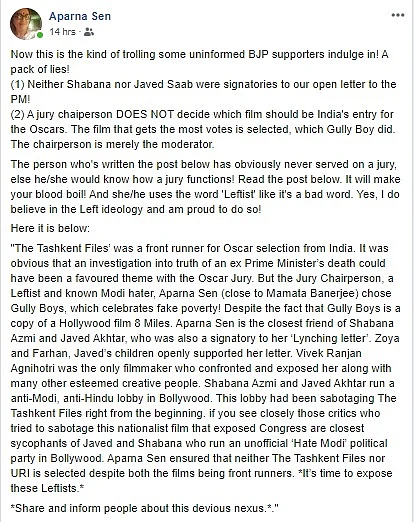 A screenshot of Aparna Sen’s Facebook post reacting to the allegations.
