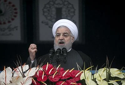 TEHRAN, Feb. 11, 2019 (Xinhua) -- Iranian President Hassan Rouhani speaks during a large gathering on the 40th anniversary of the Islamic Revolution at Azadi Square in Tehran, Iran, on Feb. 11, 2019.