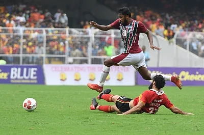 Kolkata: Players in action during Calcutta Football League Premier Division match between Mohun Bagan and East Bengal at Salt Lake Stadium in Kolkata on Sept 1, 2019. (Photo: IANS)