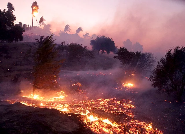 Santa Ana wind driven flames burn on a hillside below homes on Sesnon Blvd. in Porter Ranch
