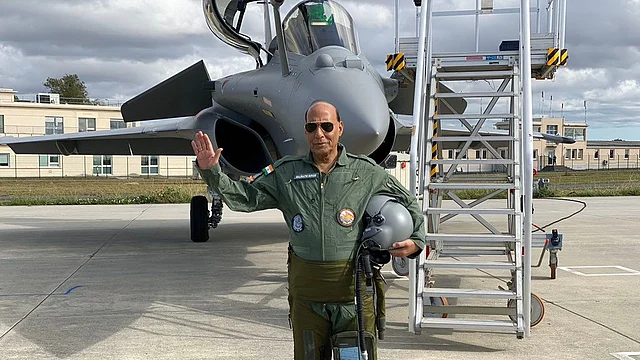Defence Minister Rajnath Singh takes a sortie in the Rafale aircraft in France.