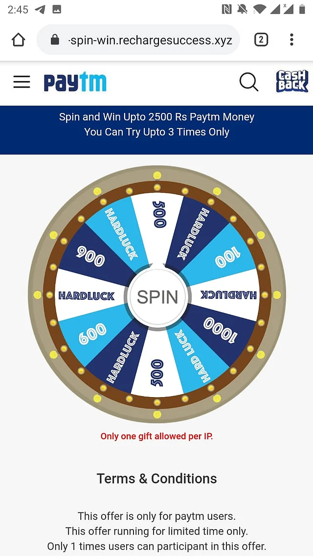 The page where we were asked to spin the wheel in order to win money.
