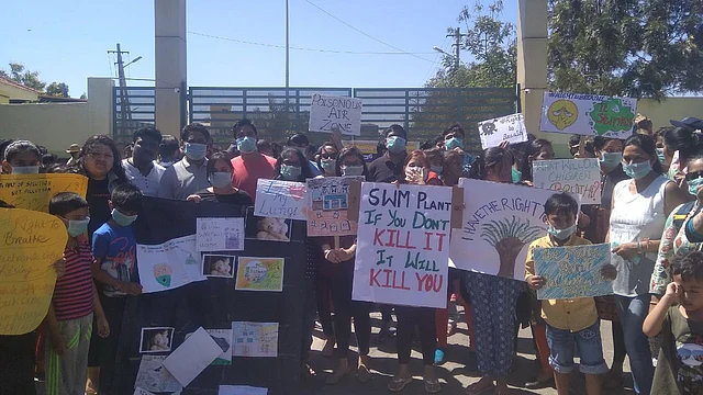 Residents protest outside the Chikkanagamangala SWM plant against garbage menace. 