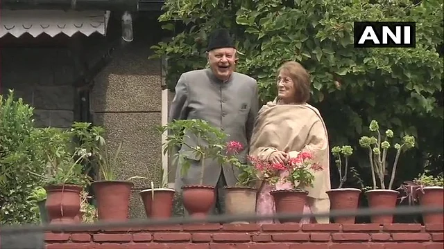 Farooq Abdullah and wife Molly at their Srinagar residence.