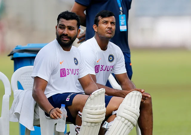 Indian cricketer Rohit Sharma, left, and Mayank Agarwal attend a practice session ahead of the second Test match.