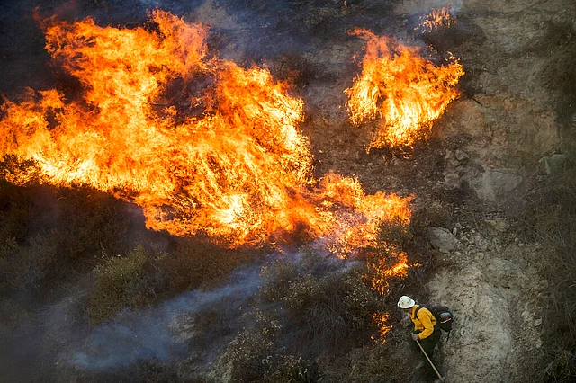 Flames from a backfire, lit by firefighters to stop the Saddleridge Fire from spreading, burn a hillside in Newhall, California.