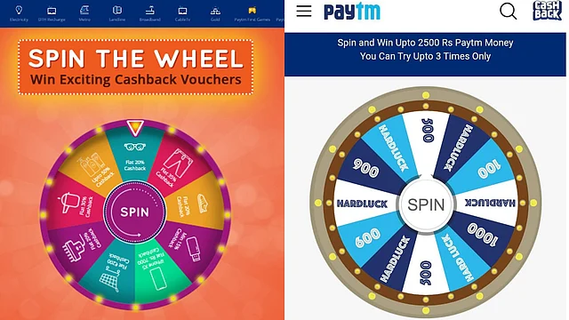 The real Paytm Spin the Wheel (left) and the Spin the Wheel we were led to from the link in the message (right).