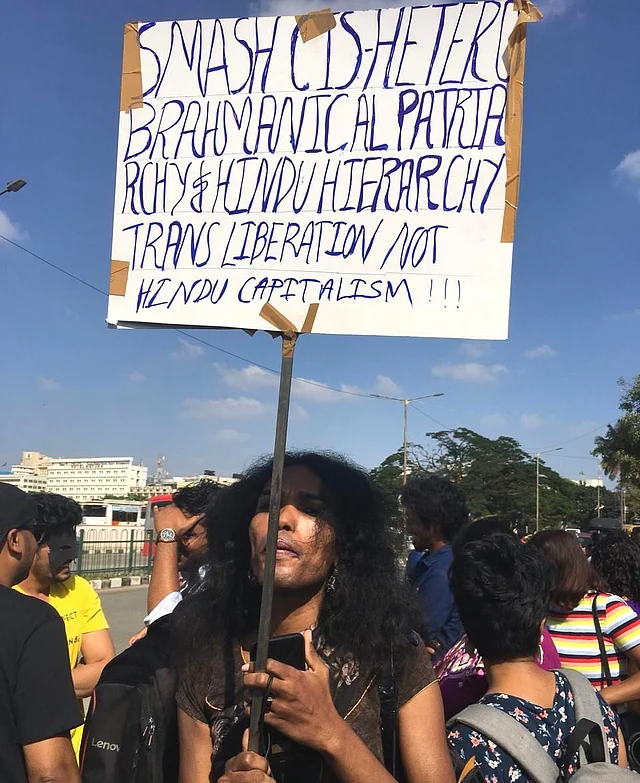 Protester in Bengaluru calls for smashing of patriarchal values. 