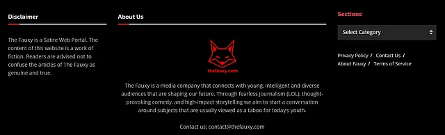 The disclaimer states that Fauxy is a satirical website.