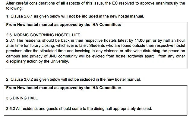 The revised rules for new hostel manual issued by JNU’s Executive Committee.