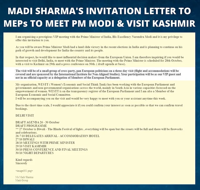 A screenshot of the invitation sent out to the Members of European Parliament by Madi Sharma mentions that IINS would sponsor the MEPs’ visit.