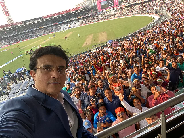 BCCI President Sourav Ganguly takes a selfie with the Eden Gardens crowd during the first day of the Pink Ball Test in Kolkata.