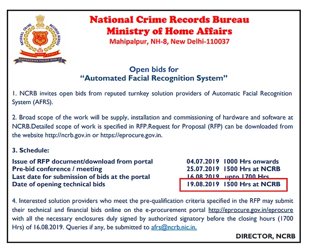 Advertisement published by the NCRB on 3 July announcing the opening of bids for a nationwide Aotomated Facial Recognition System. 