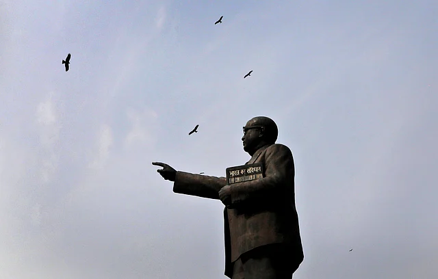 Birds fly over a statue of BR Ambedkar, who is also regarded as the architect of the constitution, on Constitution Day at the Parliament House in Delhi on Wednesday.