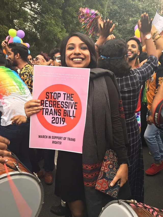 Multiple protesters raised slogans and showed placards against the Transgender Persons Bill, 2019. 