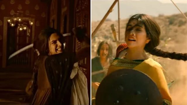 Warrior queens Mastani and Parvati Bai, played by Deepika Padukone and Kriti Sanon, respectively.