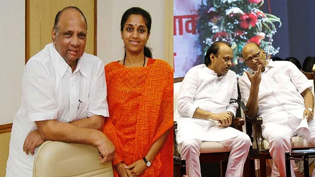 Sharad Pawar with daughter Supriya Sule and Pawar with nephew Ajit