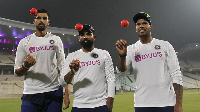 Ishant Sharma (left), Mohammed Shami (centre) and Umesh Yadav on the eve of the Pink-Ball Test at Eden Gardens.