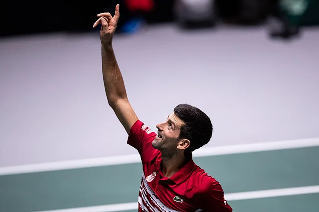 Serbia’s Novak Djokovic celebrates after winning Japan’s Yoshihito Nishioka during their Davis Cup tennis match in Madrid, Spain,