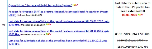 A screenshot of NCRB’s tender page shows the number of times the deadlinse have been set and later extended. 