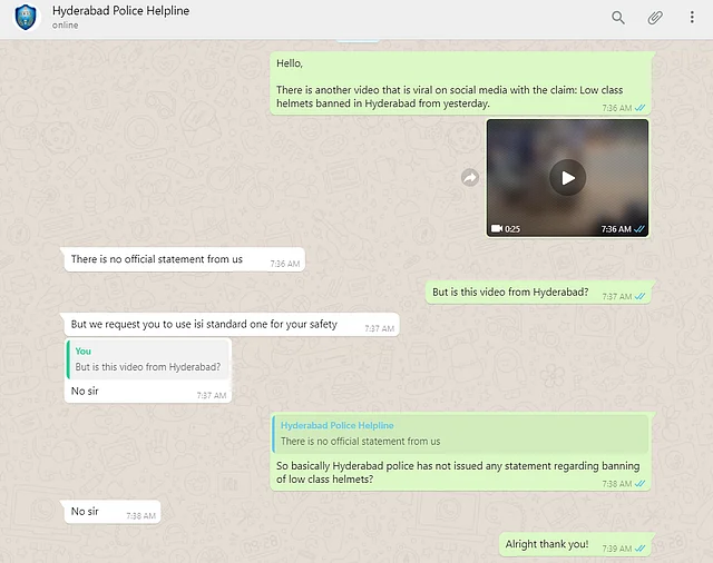 <b>The Quint</b>’s WhatsApp conversation with the Hyderabad police.