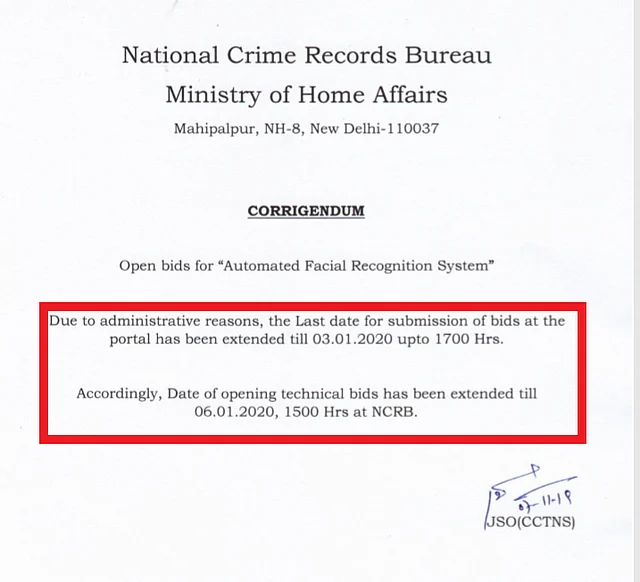 A notice issued by the NCRB stating that the 8 November deadline had now been extended till 3 January 2020.