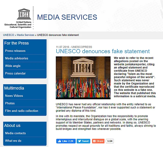UNESCO had issued a statement that it had never announced Islam as the most peaceful religion.