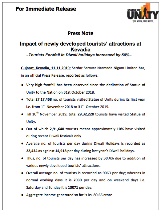 The press release issued by Sardar Sarovar Narmada Nigam Limited.