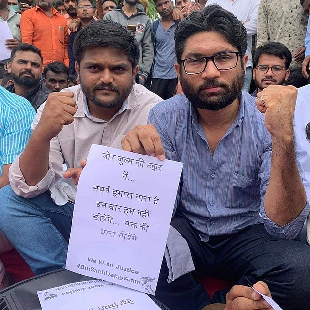 Politicians Hardik Patel and Jignesh Mevani at the protest.
