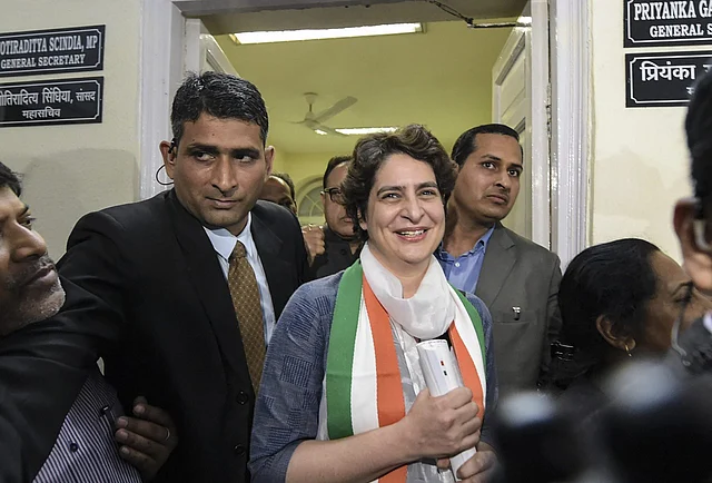 Congress General Secretary Priyanka Gandhi Vadra leaves after visiting her office for the first time following her appointment to the party post, at AICC headquarters in New Delhi, on 6 February 2019.