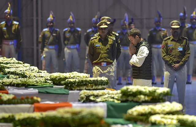 Congress leader Rahul Gandhi pays homage to the 40 slain CRPF jawans who lost their lives in the Pulwama attack in February. A CRPF convoy was attacked by a suicide bomber in Jammu and Kashmir’s Pulwama on 14 February 2019.