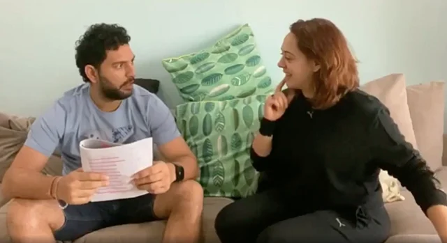 Hazel Keech rehearsing her lines with husband Yuvraj Singh.