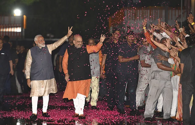 Prime Minister Narendra Modi and Home Minister Amit Shah, arrive at the BJP office after the party’s clean sweep in the Lok Sabha elections this year. The election result was declared on 21 May 2019, with the BJP-led NDA securing 351 seats out of the total 542 seats.