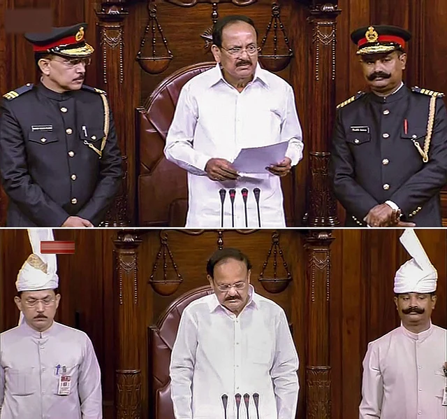 Rajya Sabha chairman M Venkaiah Naidu, with his Marshals. The Rajya Sabha Marshals were spotted wearing a different outfit during this year’s winter session. The dress was later changed back to the old Indian wear after massive criticism over the change. 