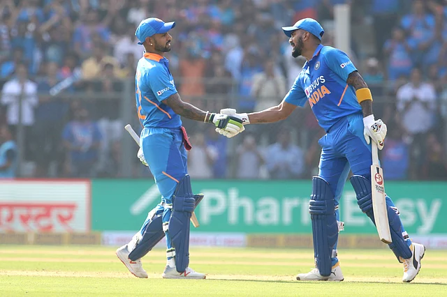 KL Rahul (right) congratulates Shikhar Dhawan for scoring a fifty during the 1st One day International match between India and Australia held at the Wankhede Stadium, Mumbai on the 14th Jan 2020.