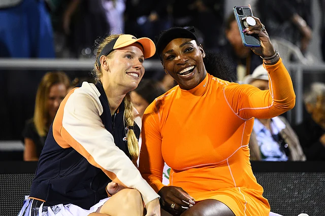 Denmark’s Caroline Wozniacki and United States Serena Williams share a selfie after their finals doubles match against United States player Asia Muhammad and Taylor Townsend from the United States at the ASB Classic in Auckland, New Zealand, Sunday, Jan 12, 2020. 