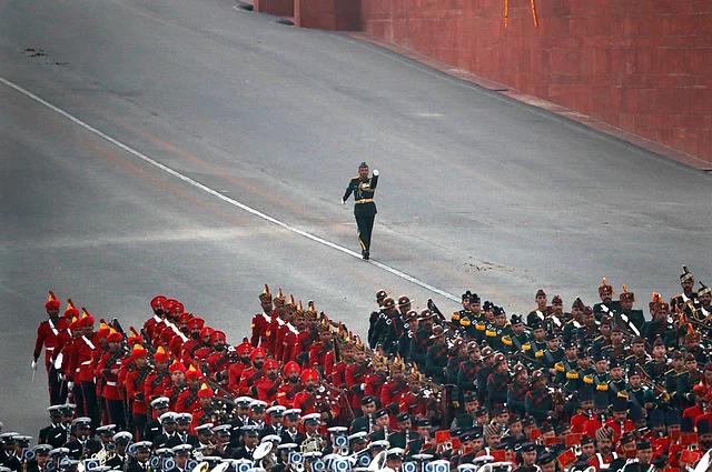 Military bands perform during the Beating Retreat ceremony at Raisina Hills, the government seat of power, in New Delhi on Wednesday, 29 January.