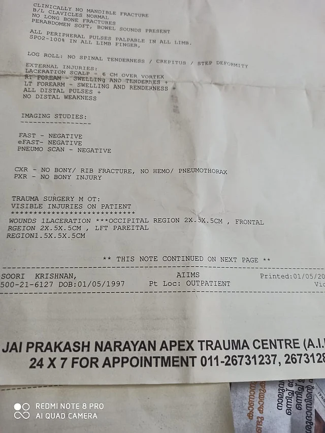 Copy of the medical report issued by AIIMS Trauma Centre on 5 January.
