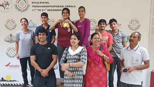 Manu Bhaker with her 9 gold medals at the 2017 National Shooting Championships.