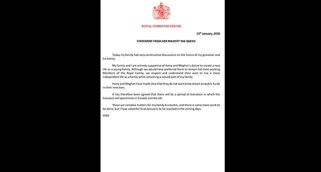 This is a handout photo issued by Buckingham Palace of a statement by Britain’s Queen Elizabeth II on the future of Prince Harry and Meghan, the Duchess of Sussex. 