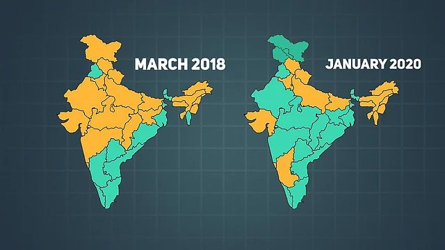 Map of India in March 2018 and January 2020 in terms of the states ruled by the BJP or BJP-coalition.
