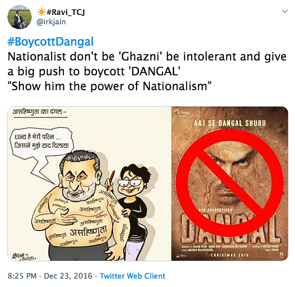 A tweet calling to boycott Aamir Khan’s <i>Dangal. </i>