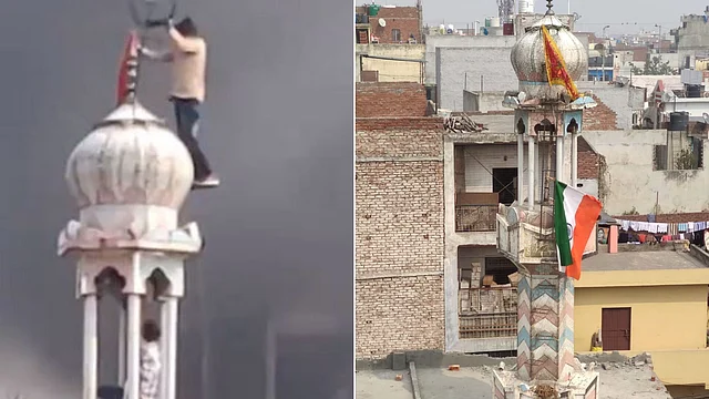 The image on the left shows the Mosque being vandalised while the image on the right shows the flags flying on top of the mosque, a day after the incident.