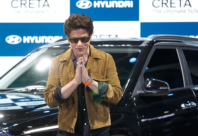 Bollywood actor Shah Rukh Khan greets the people at the 2020 Auto Expo - The Motor Show, during the launch of the new Hyundai Creta.