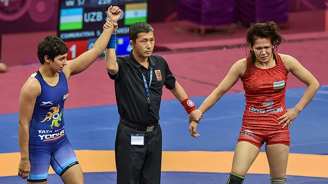 Anshu Malik beat Sevara Eshmuratova from Uzbekistan to win her first medal at senior level.