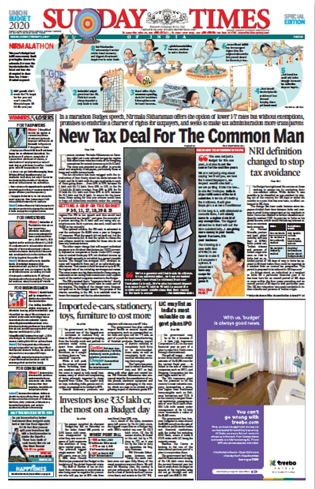 The front page headline of The Times of India reads ‘New Tax Deal for The Common Man.’